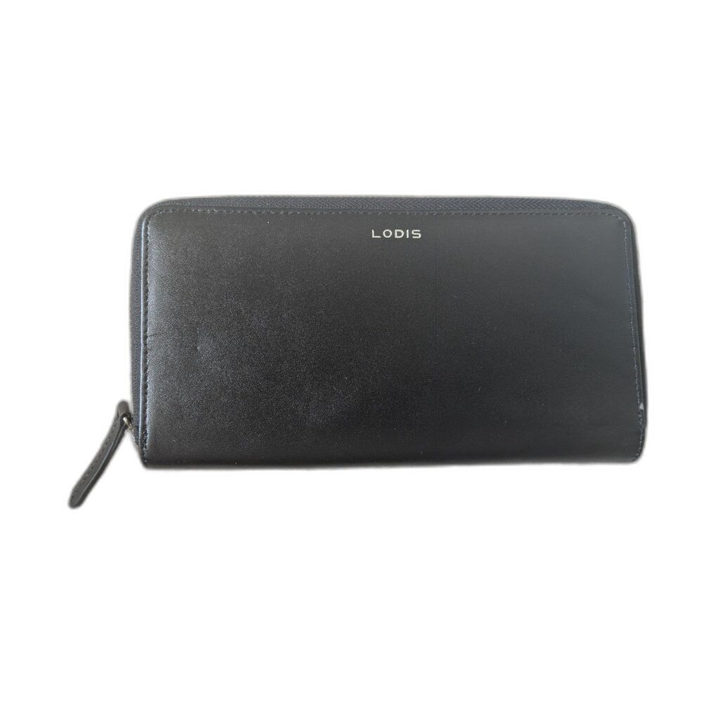 NWT Simple Black Lodis Leather Wallet w/ Silver Zipper & Beige Interior